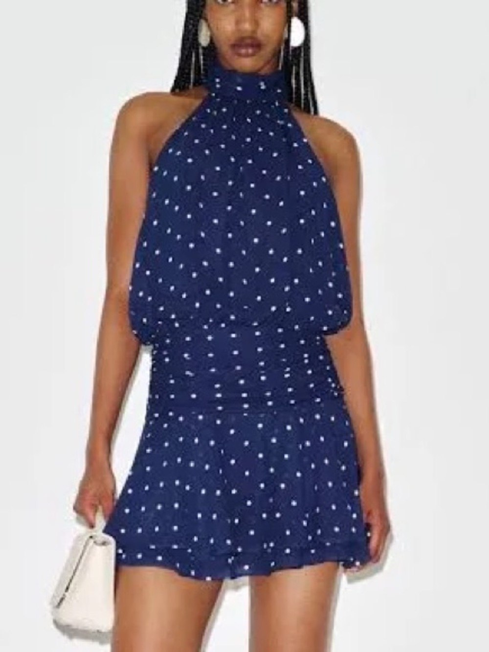 Reformation Navy Polka Dot Halter Mini Dress
